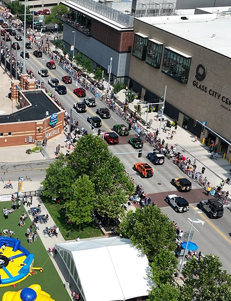 Aerial view of the Jeep Fest parade