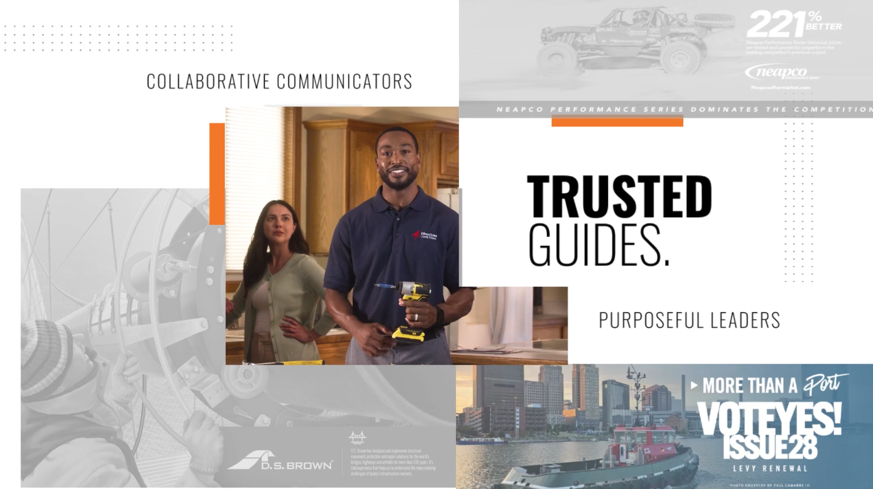THREAD collaborative communicators, trusted guides and purposeful leaders — a collage of THREAD work for Neapco, Directions Credit Union, D.S. Brown and the Vote Yes Issue 28 campaign